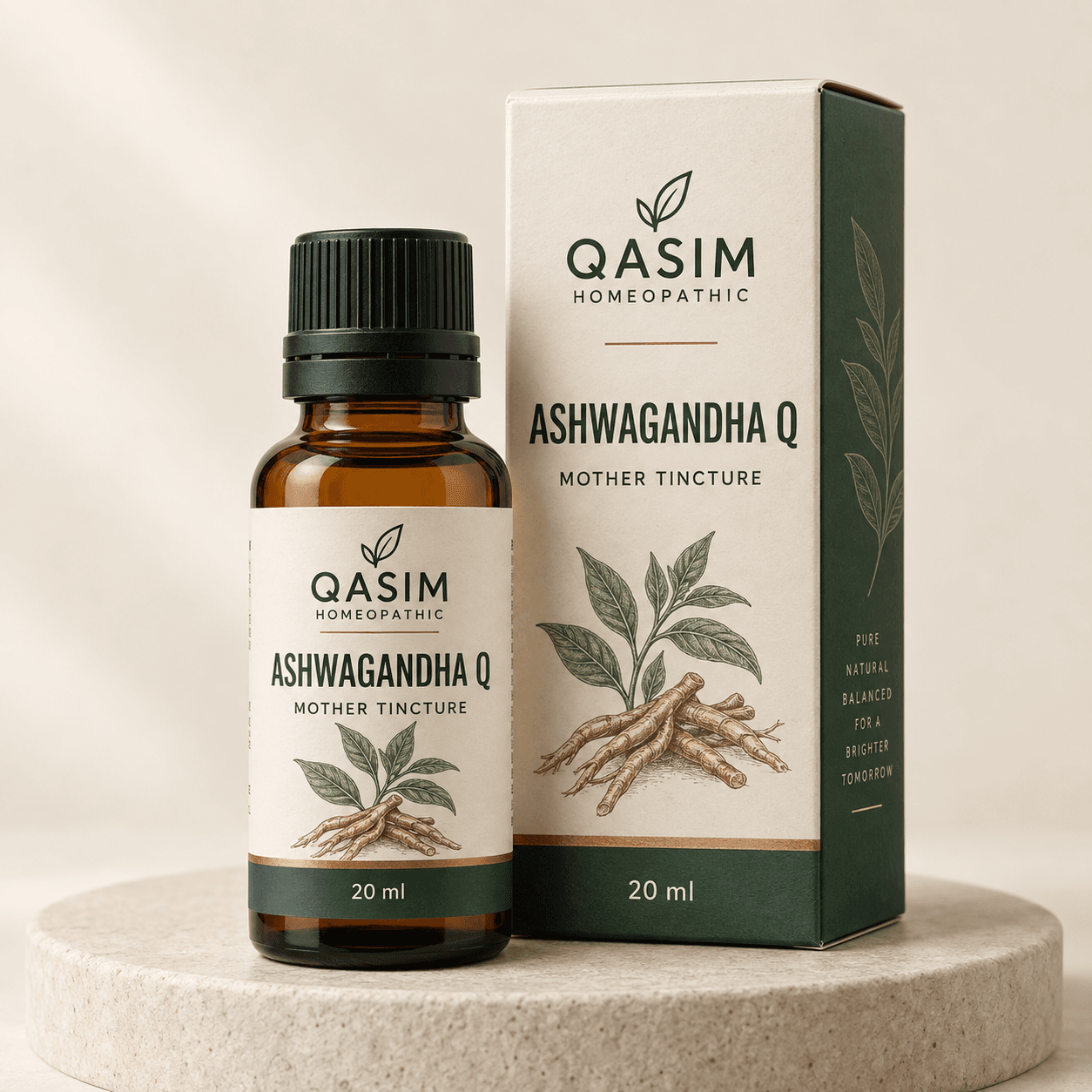 Qasim Homeopathic Ashwagandha Q amber drop bottle with matching premium carton