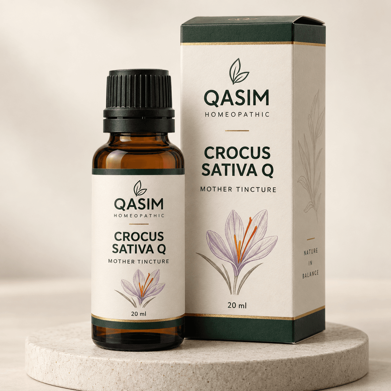 Qasim Homeopathic Crocus Sativa Q amber drop bottle with matching premium carton