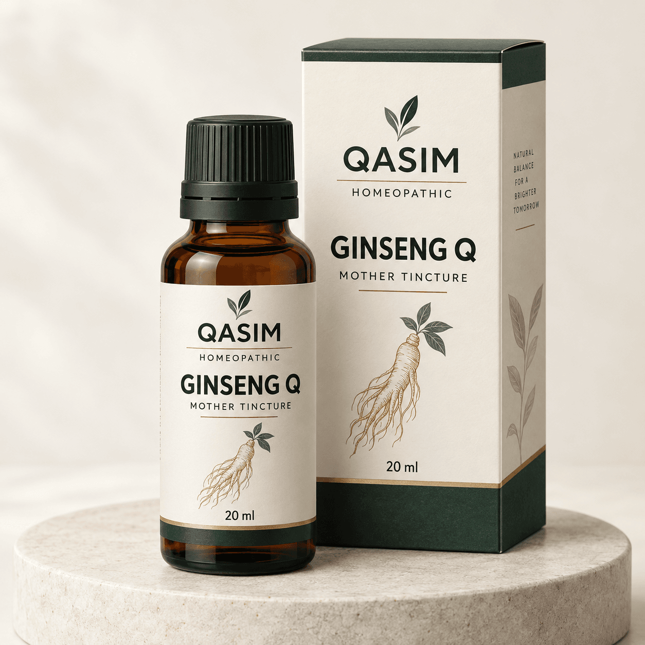 Qasim Homeopathic Ginseng Q amber drop bottle with matching premium carton
